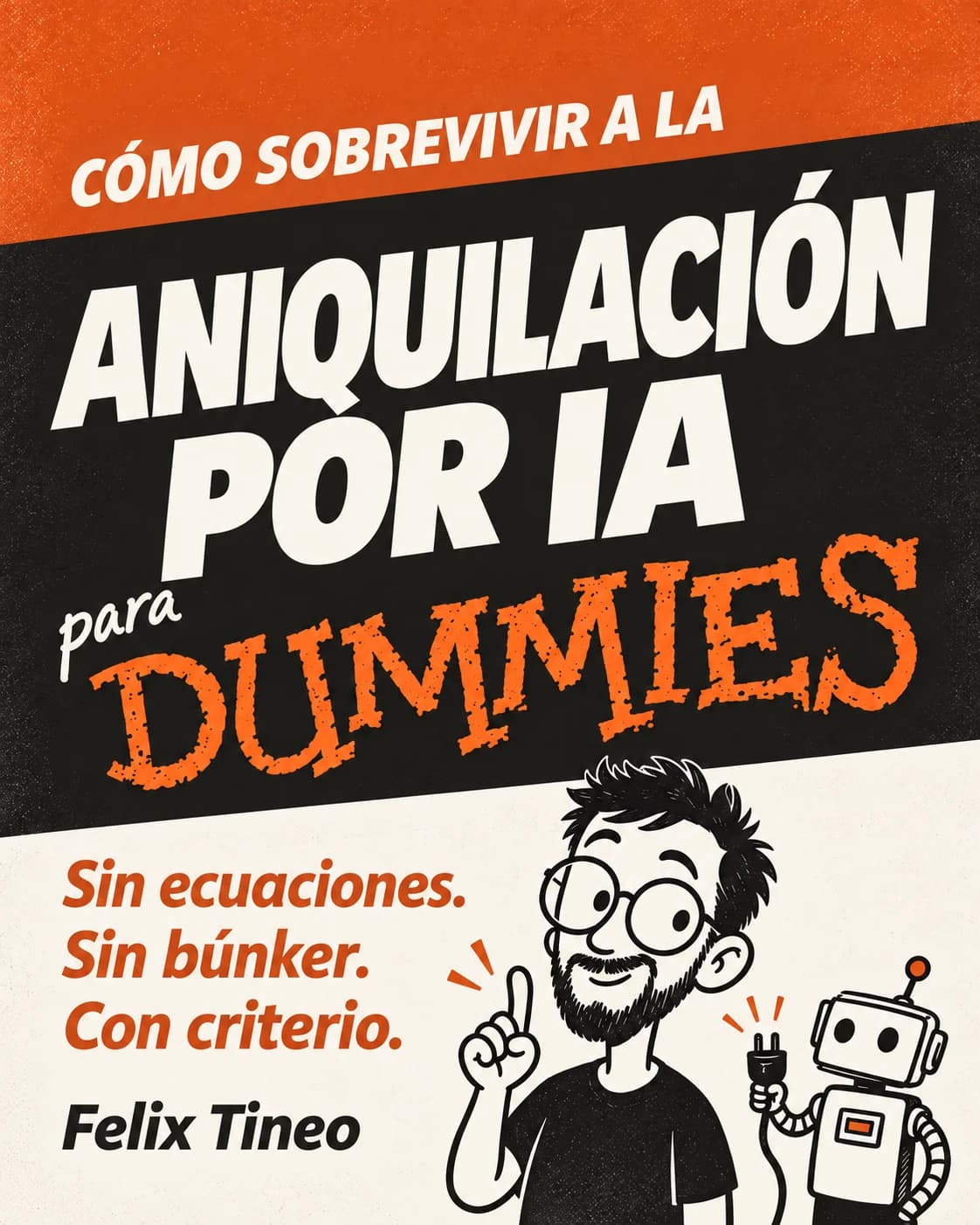 Spanish beginner's-manual cover for How to Survive AI Annihilation, for Dummies, in cream, terracotta, and charcoal, with a cartoon engineer and a robot holding a disconnected plug.